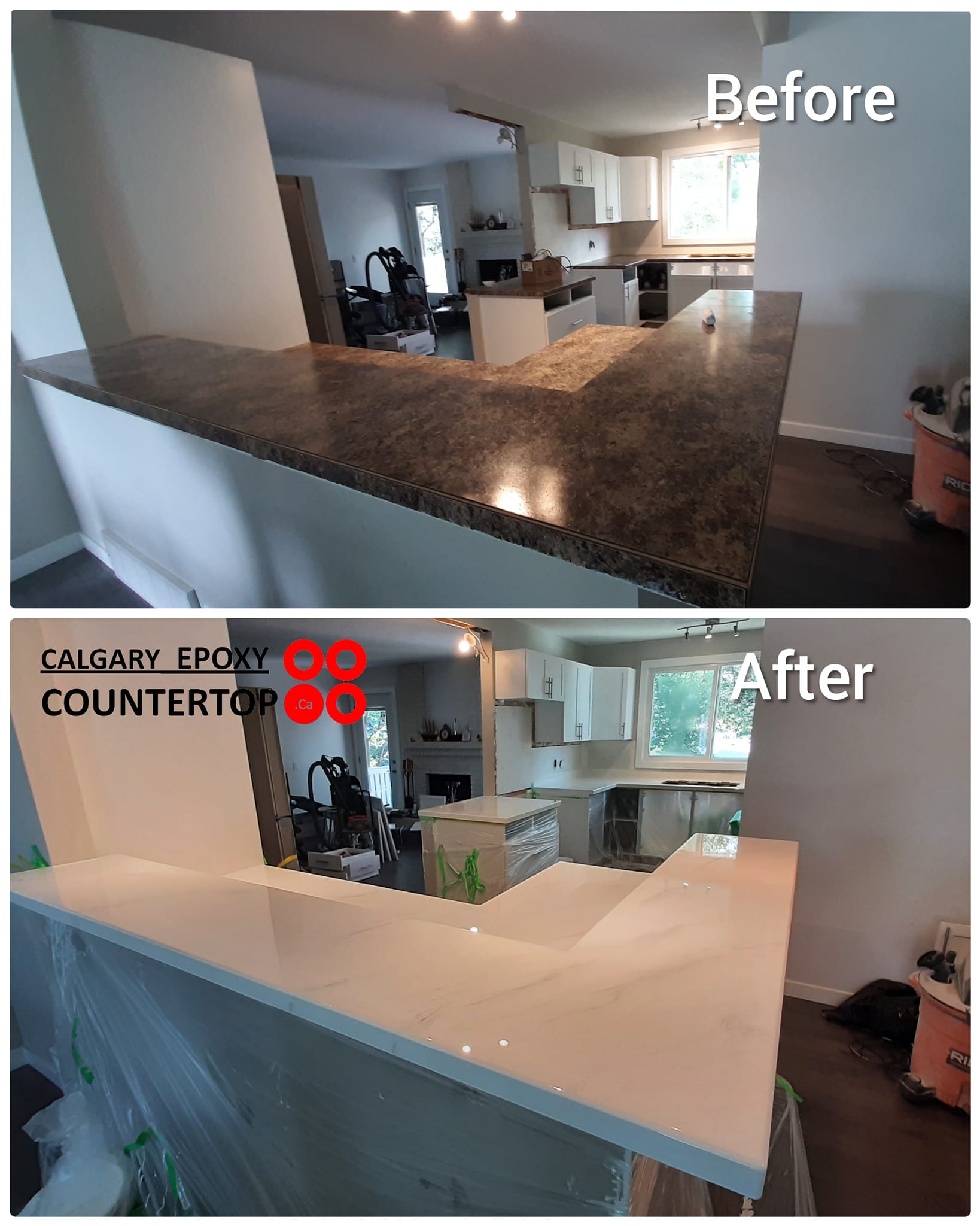 Kitchen peninsula countertop reface before and after Calgary