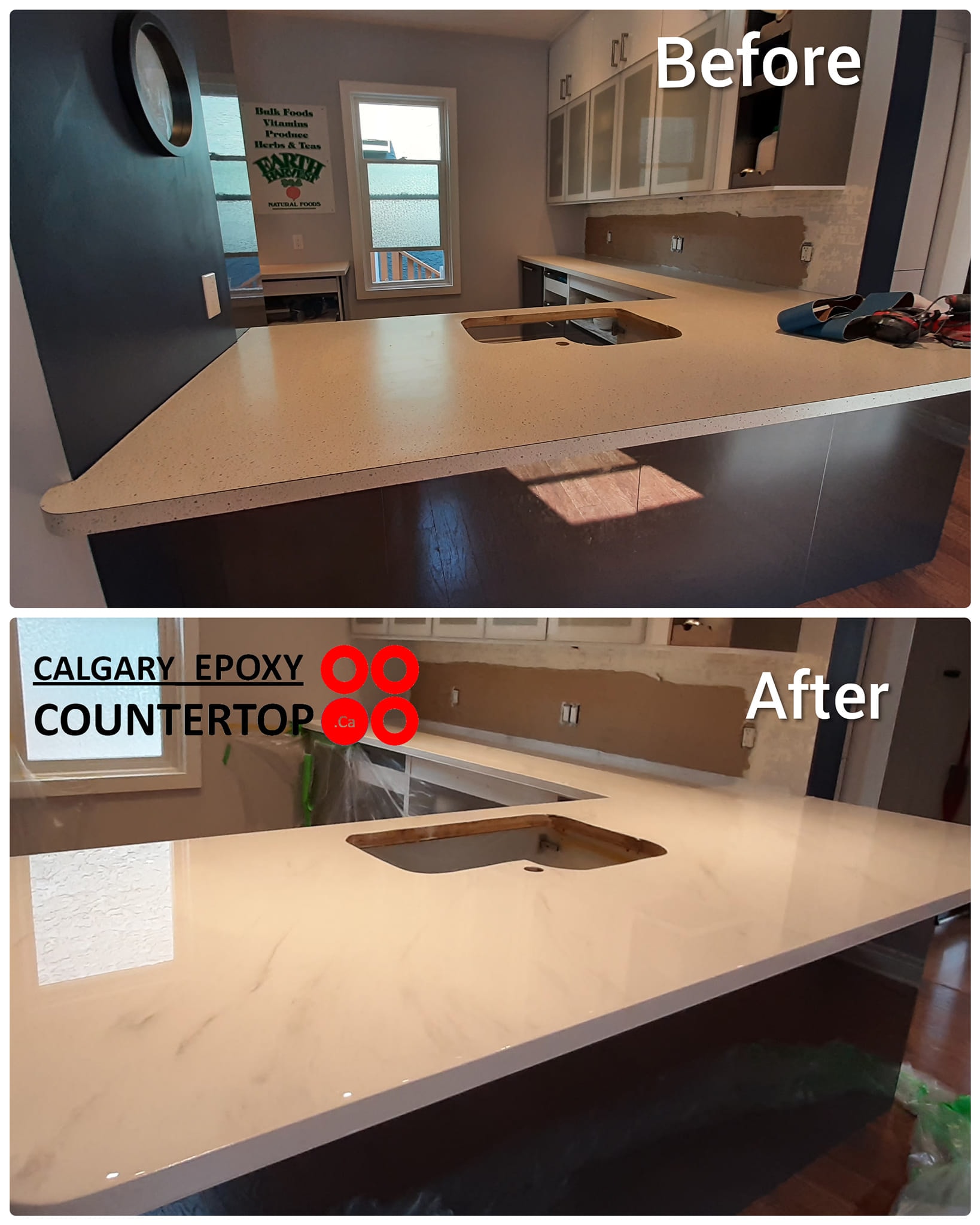 Kitchen island countertop reface before and after Calgary