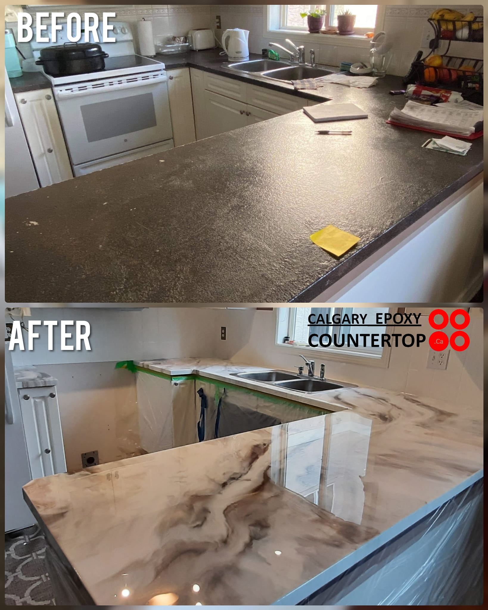 Marble-look kitchen countertop reface before and after Calgary