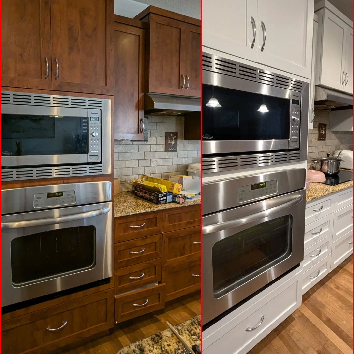 Freshly painted white kitchen cabinets after professional cabinet painting Calgary