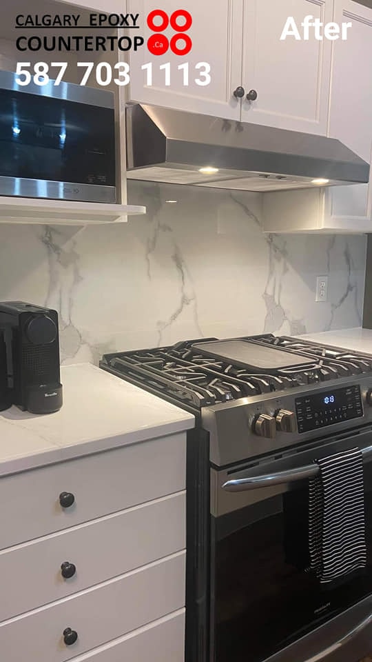 Seamless white backsplash refacing Calgary kitchen