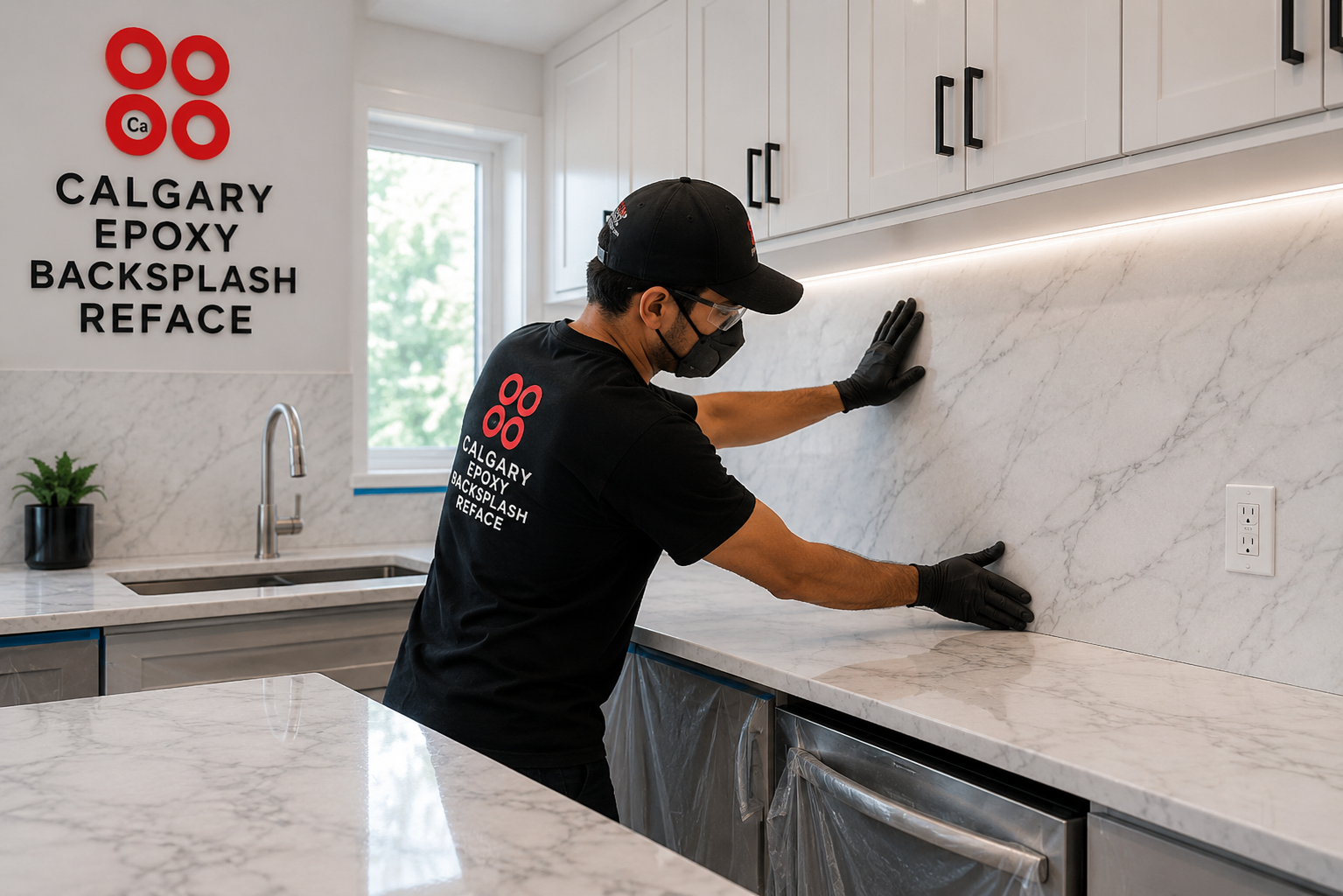 Herringbone backsplash reface Calgary — grout-free finish