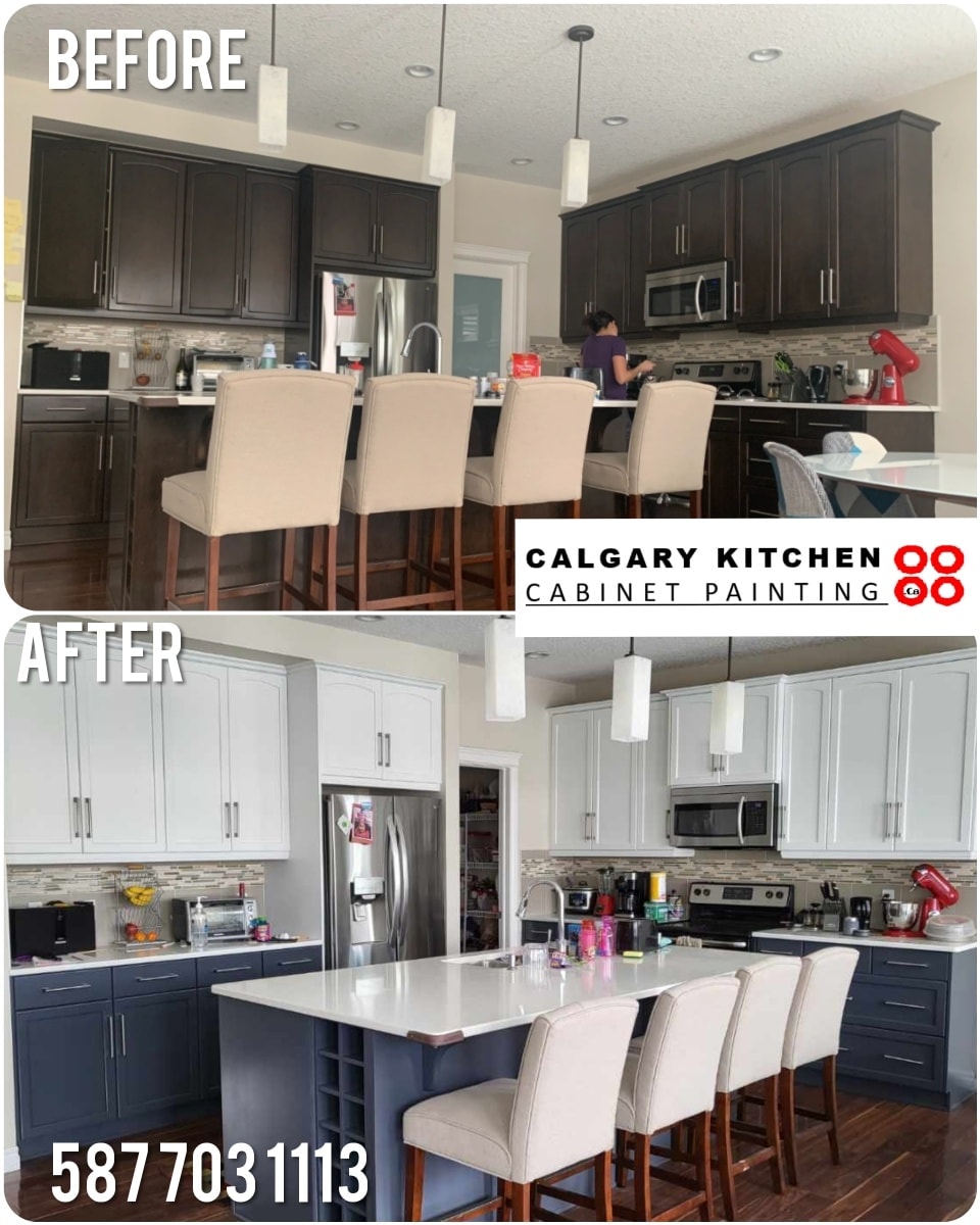 White kitchen cabinet painting Calgary — professional spray finish