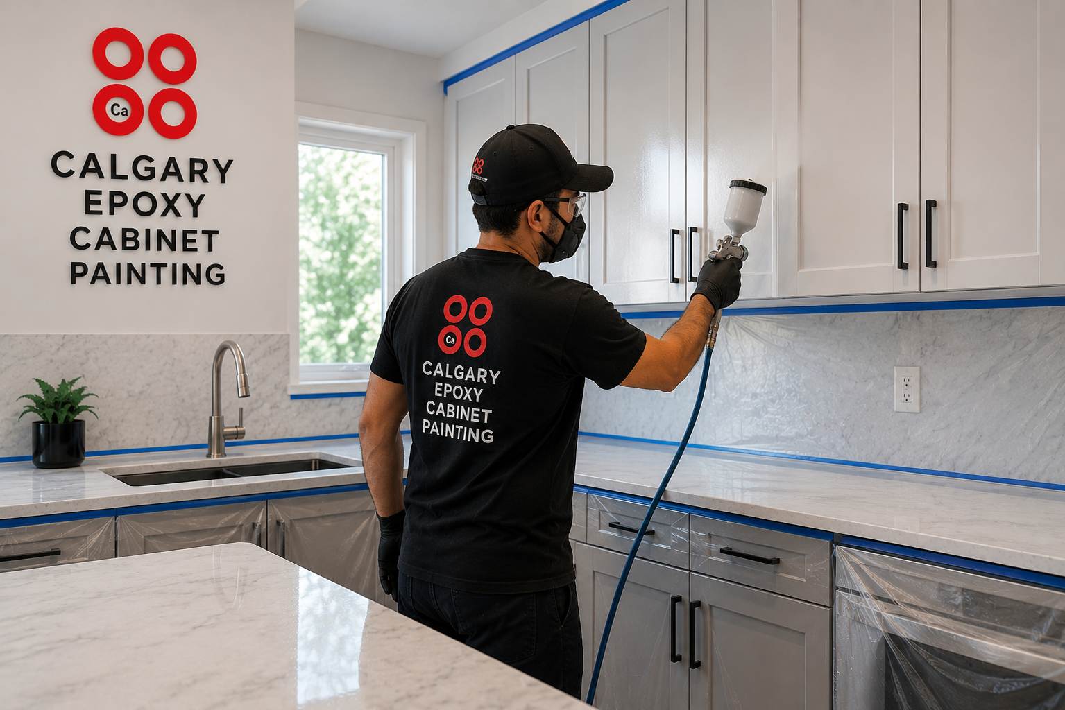 Navy blue kitchen cabinet painting Calgary