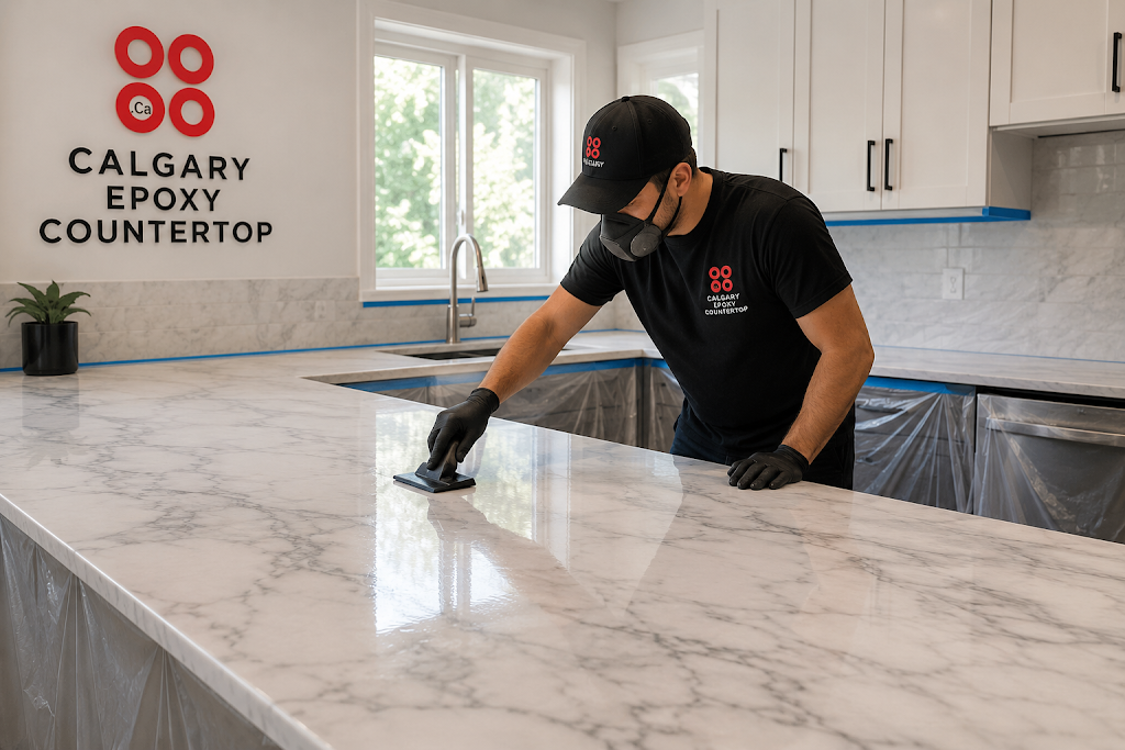 Marble look epoxy countertop Calgary kitchen