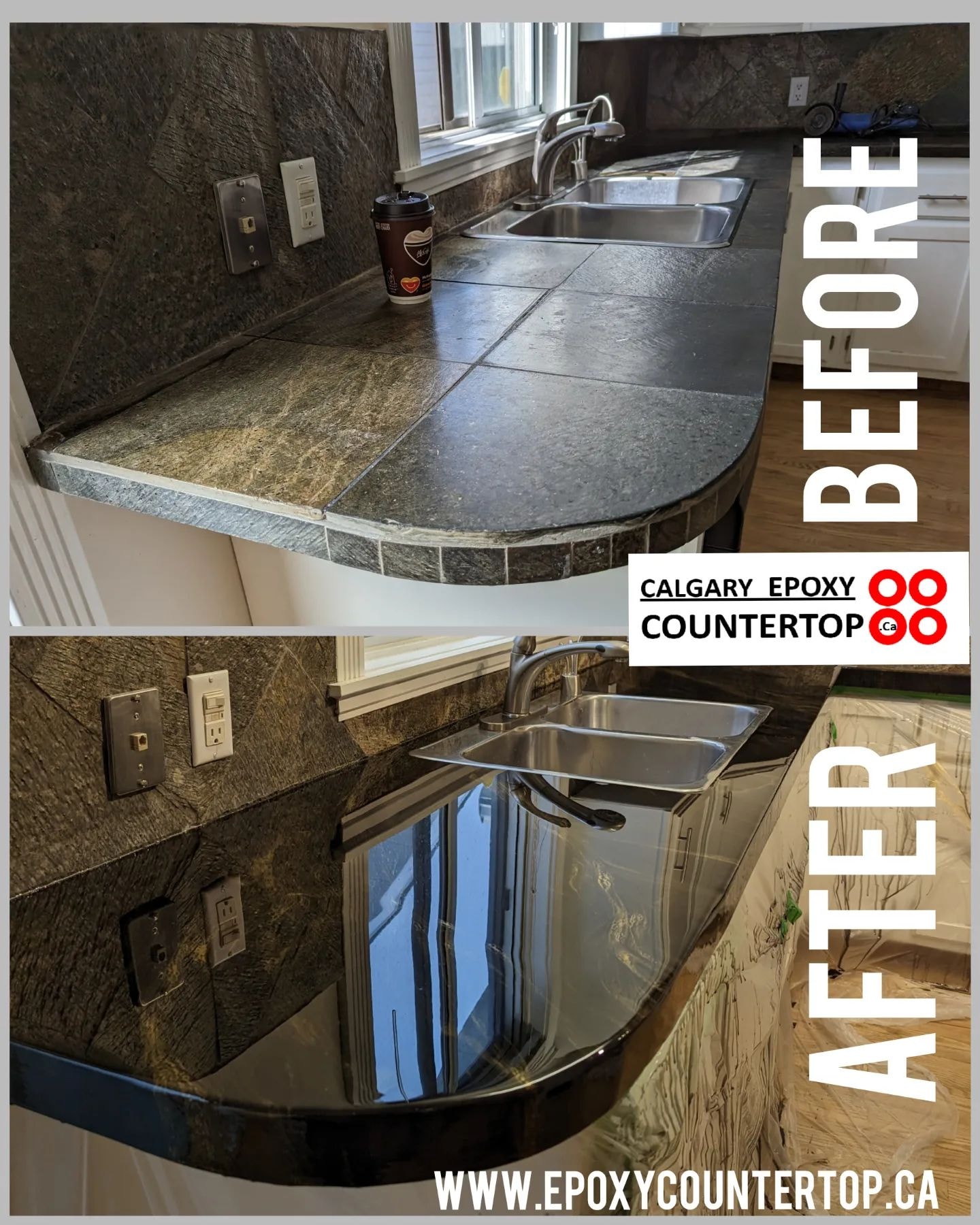 Dark stone epoxy countertop refinishing Calgary