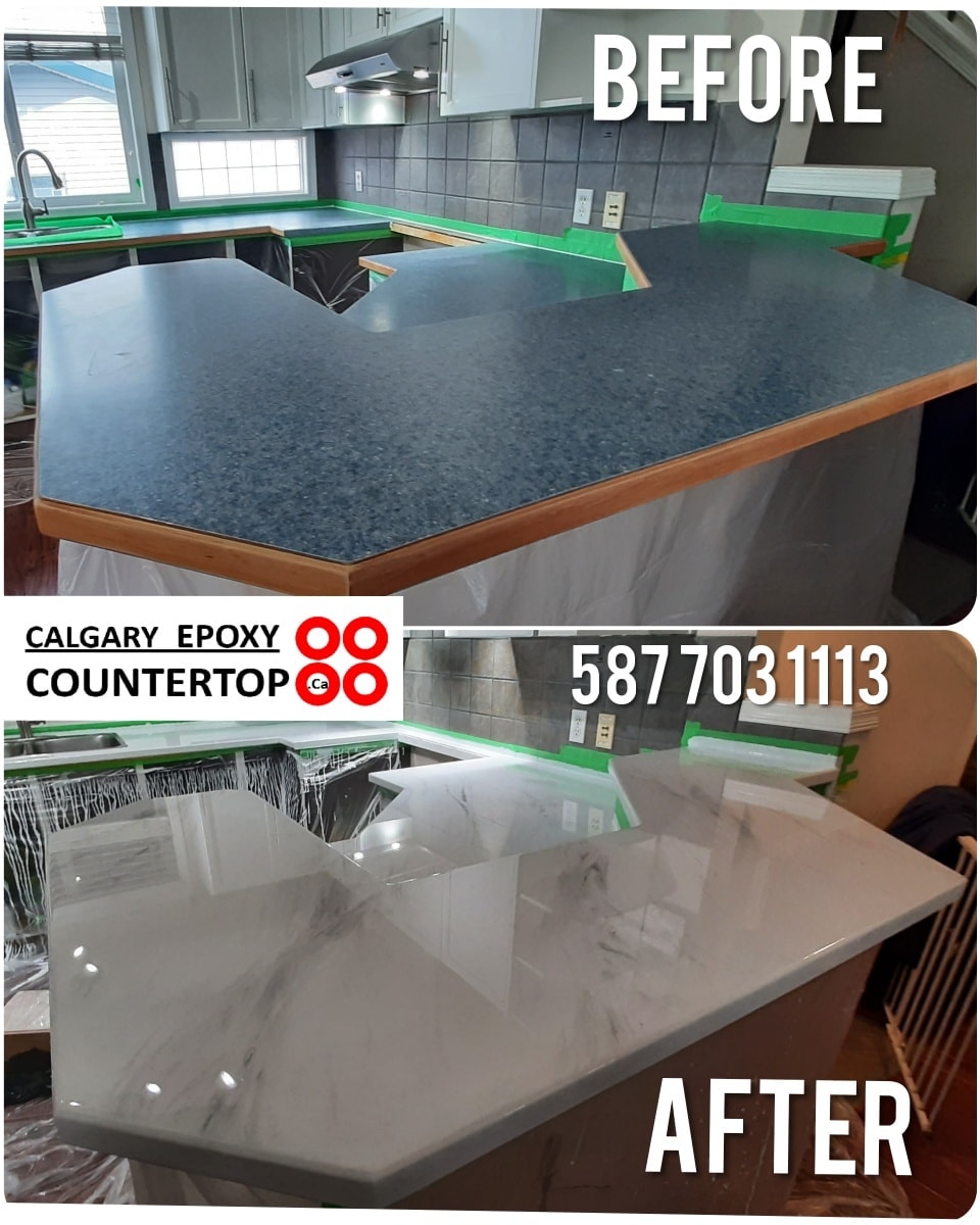 Epoxy countertop resurfacing Calgary — kitchen island white finish