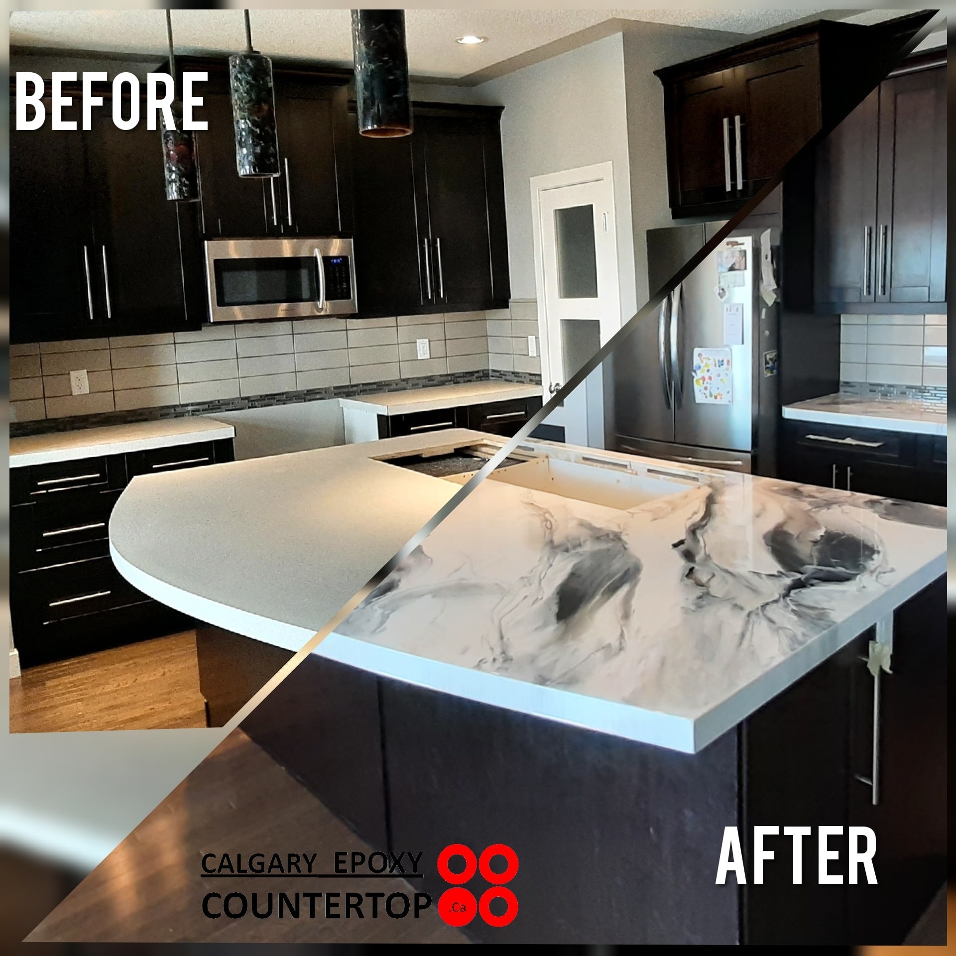 Epoxy countertop resurfacing Calgary — dark dramatic kitchen finish