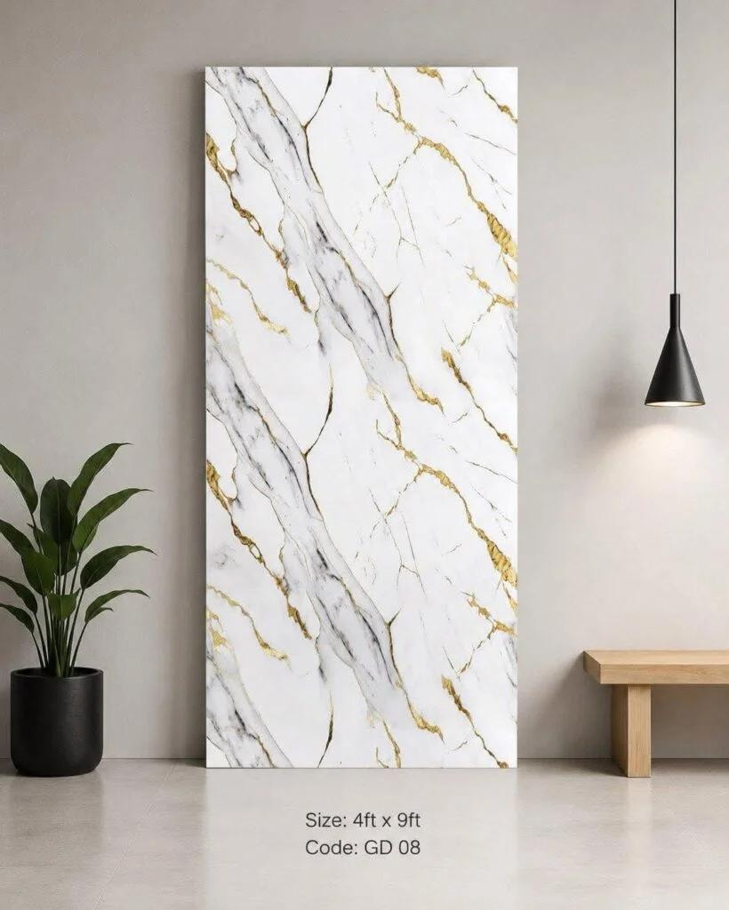 White marble with bold gold veining backsplash panel GD 08 — Calgary